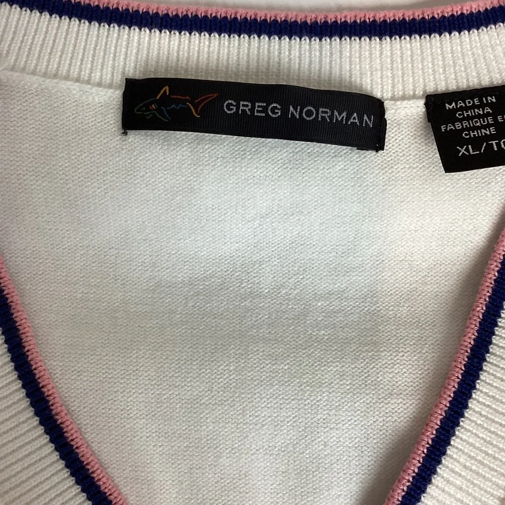 Greg Norman Mens XL White V-Neck Golf Sweater Vest Shark Logo Blue Pink Trim